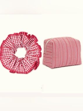 NWT If Only If UK Redcurrant Red Gingham Poplin Makeup Bag & Scrunchie Set NEW